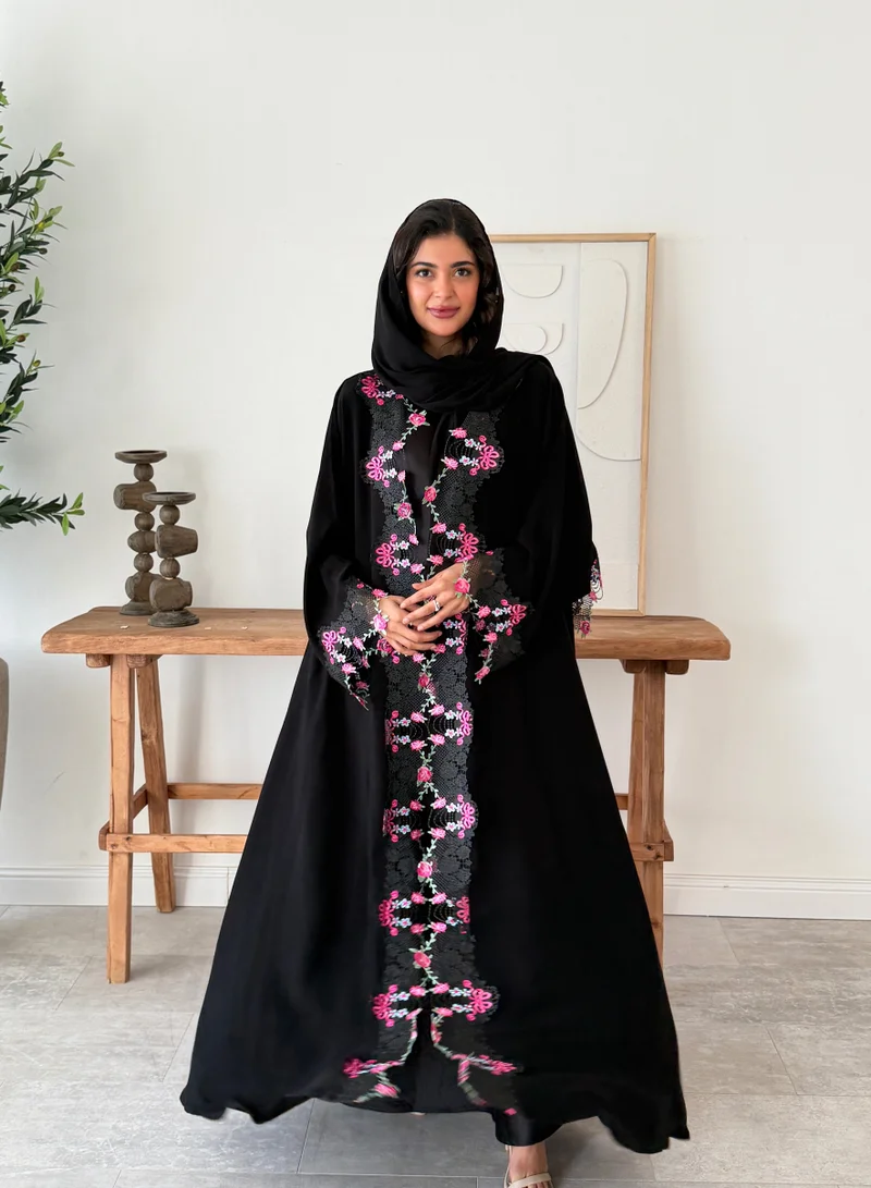 Lusin Abaya Royal Crepe Abaya with Signature Pink Floral Embroidery
