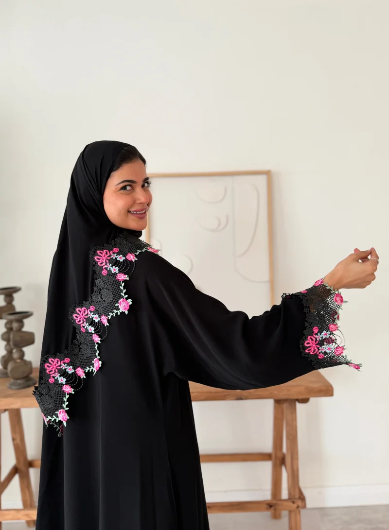 Lusin Abaya Royal Crepe Abaya with Signature Pink Floral Embroidery
