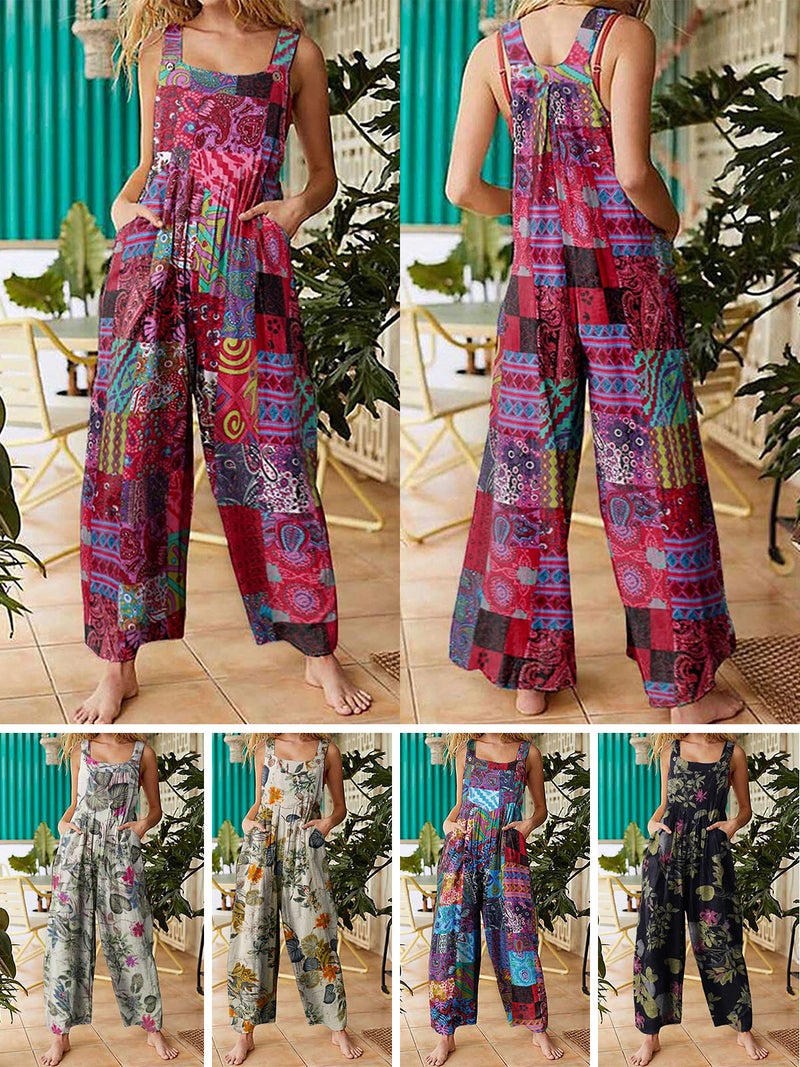 Women Jumpsuit with Pockets Sleeveless Wide Legs Plus Size Overalls - Image 3