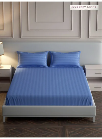 MULBERRY LIVING 100% Cotton - 300Tc Elysian Stripes Queen Size (160X200 Cms) Fitted Bedsheet With 2 Pillow Covers (50X75 Cm) - Mediterranean Blue