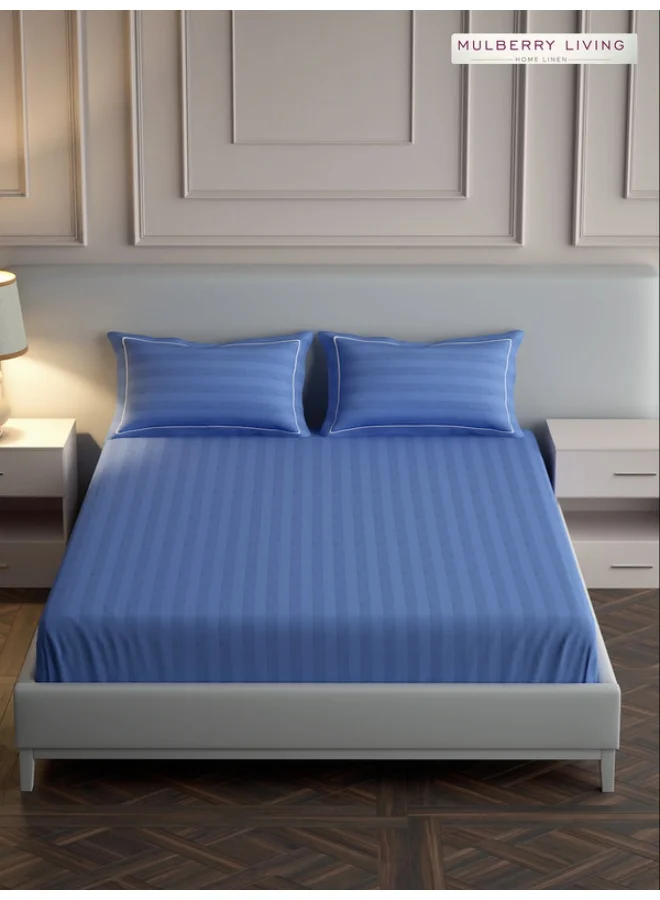 MULBERRY LIVING 100% Cotton - 300Tc Elysian Stripes Queen Size (160X200 Cms) Fitted Bedsheet With 2 Pillow Covers (50X75 Cm) - Mediterranean Blue