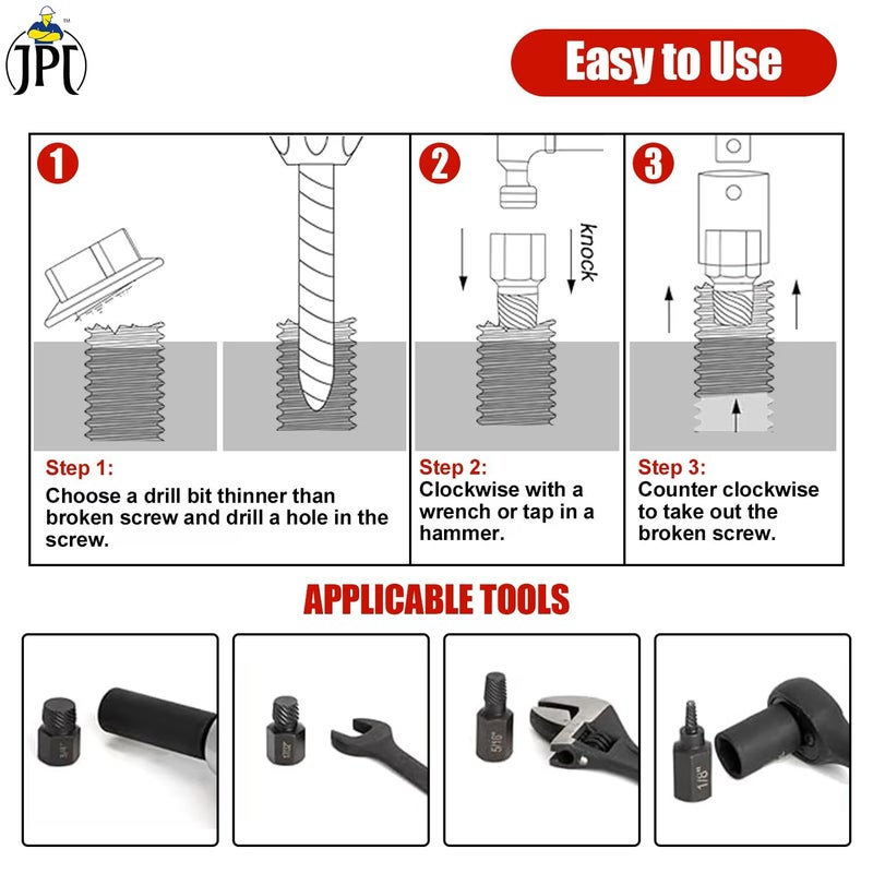 JPT مجموعة أدوات استخراج صمولة البراغي 25 قطعة، مزيل رأس سداسي متعدد الشقوق للبراغي المدورة، والمسامير المكسورة، والمقابس السداسية، والبراغي، والتجهيزات - Image 5