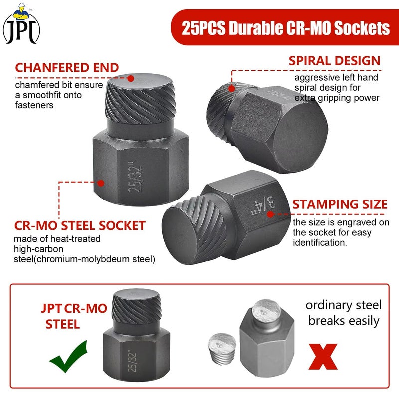 JPT مجموعة أدوات استخراج صمولة البراغي 25 قطعة، مزيل رأس سداسي متعدد الشقوق للبراغي المدورة، والمسامير المكسورة، والمقابس السداسية، والبراغي، والتجهيزات - Image 4