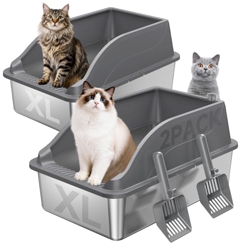 KISENG 2PACK Stainless Steel Litter Boxes, Extra Large XL Odor Free Metal Litter Box with High Sides, Open Top Litter Pan Include Scoop Easy Cleaning Anti-Scratch Kitty Cat Box Anti-Urine Leakage, Non-Sticky - Image 1