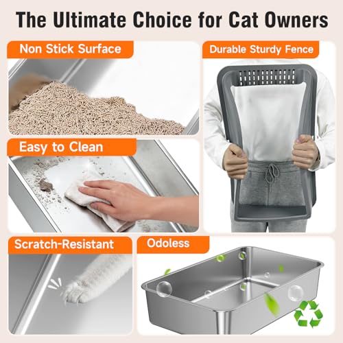 KISENG 2PACK Stainless Steel Litter Boxes, Extra Large XL Odor Free Metal Litter Box with High Sides, Open Top Litter Pan Include Scoop Easy Cleaning Anti-Scratch Kitty Cat Box Anti-Urine Leakage, Non-Sticky - Image 5