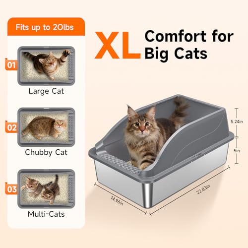 KISENG 2PACK Stainless Steel Litter Boxes, Extra Large XL Odor Free Metal Litter Box with High Sides, Open Top Litter Pan Include Scoop Easy Cleaning Anti-Scratch Kitty Cat Box Anti-Urine Leakage, Non-Sticky - Image 2