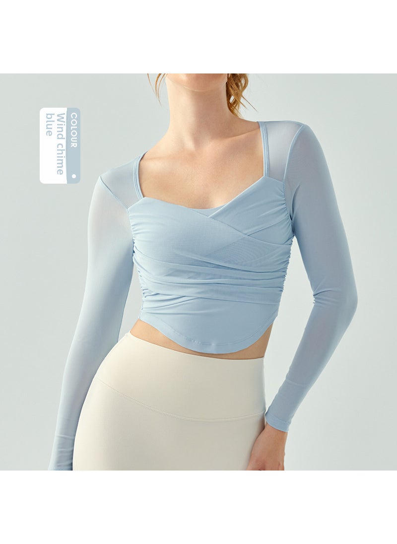 Crisscross Pleated Long-Sleeve Yoga Top with Bra Padding Wind Chime Blue