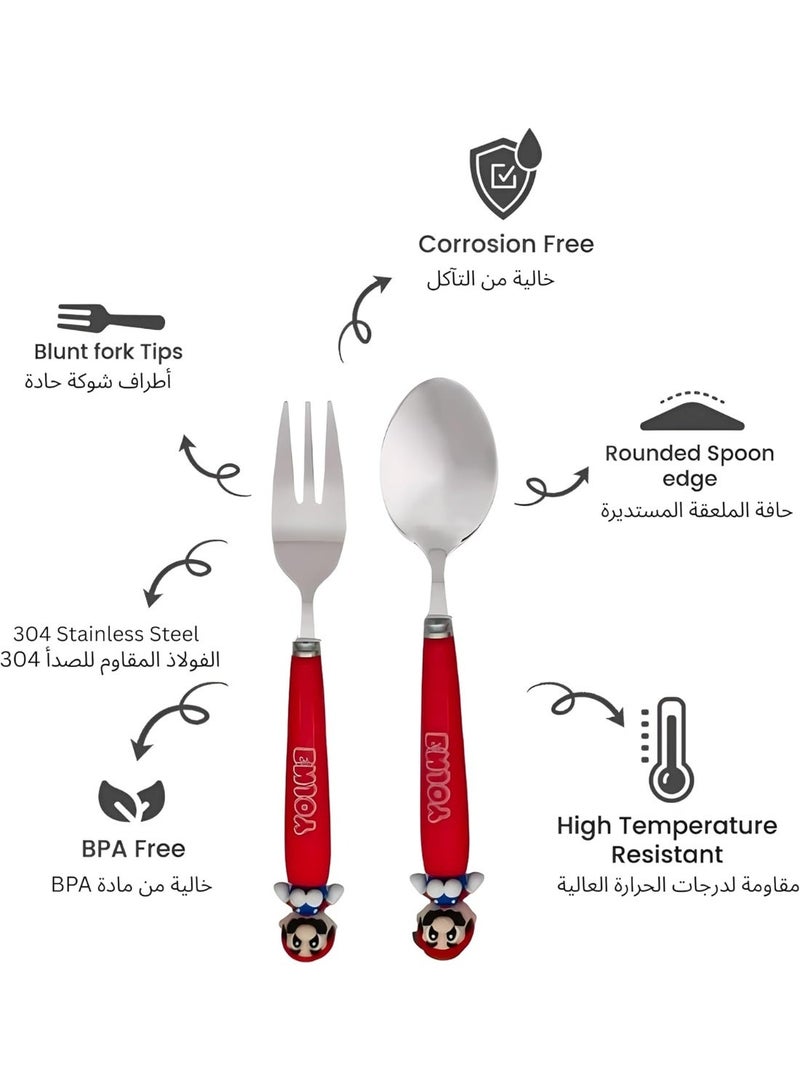 BrainGiggles Arcade Adventure Kids Cutlery Set with Case - 2-Piece Stainless Steel BPA Free Cutlery Set Includes Spoon, Fork and Case for Lunch Box, Picnic and Travel (Red) - Image 3