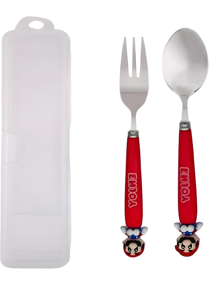 BrainGiggles Arcade Adventure Kids Cutlery Set with Case - 2-Piece Stainless Steel BPA Free Cutlery Set Includes Spoon, Fork and Case for Lunch Box, Picnic and Travel (Red) - Image 1
