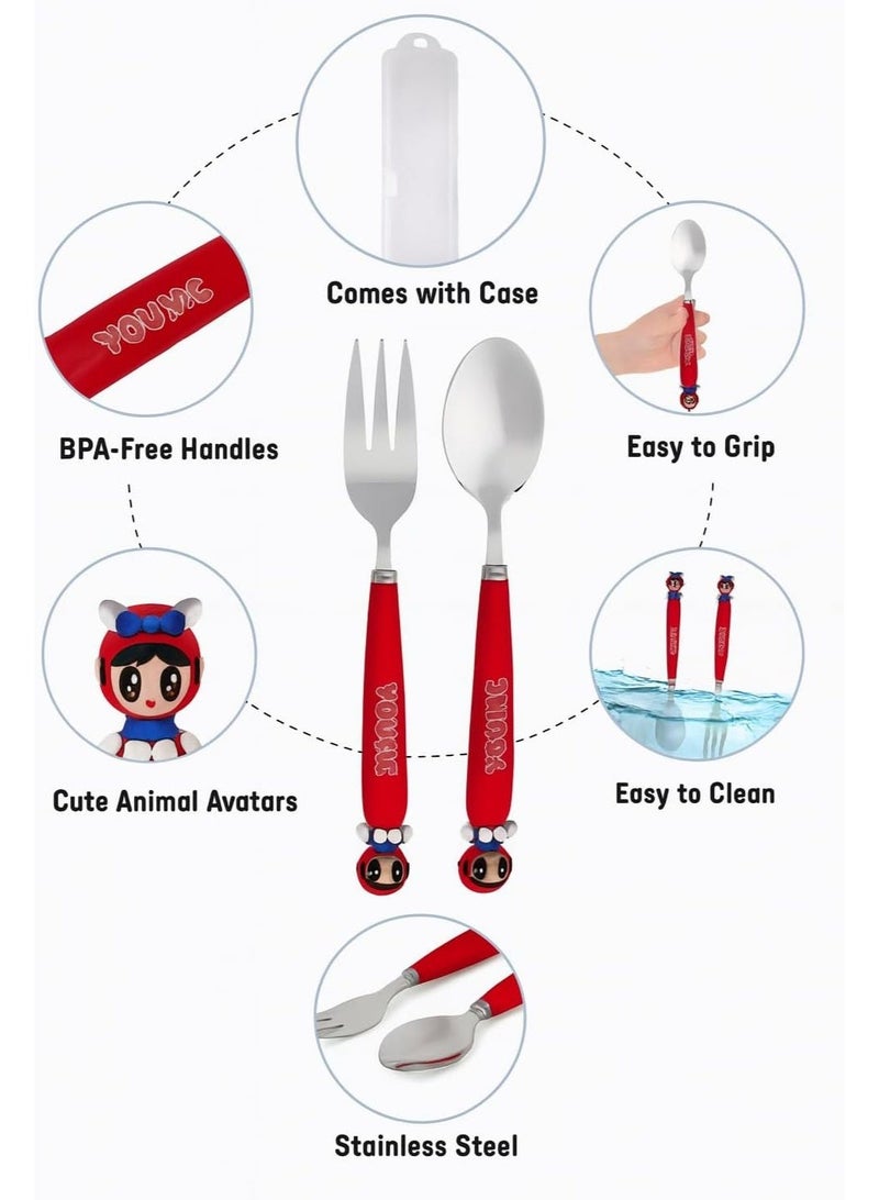 BrainGiggles Arcade Adventure Kids Cutlery Set with Case - 2-Piece Stainless Steel BPA Free Cutlery Set Includes Spoon, Fork and Case for Lunch Box, Picnic and Travel (Red) - Image 2