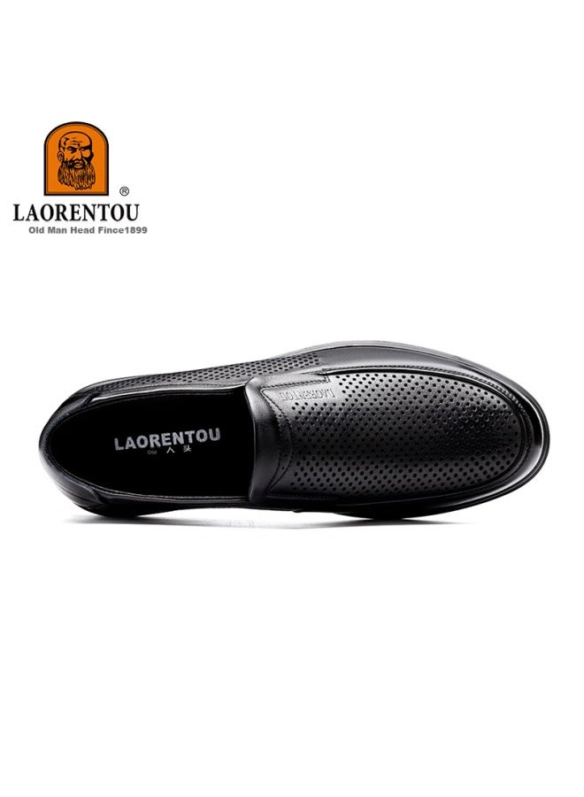 Laorentou Men's Leather Shoes, Summer New Style, Genuine Leather Hollow-out Casual Shoes, Soft Sole Breathable Perforated Shoes, Ll175 Black, Size 41 - Image 1