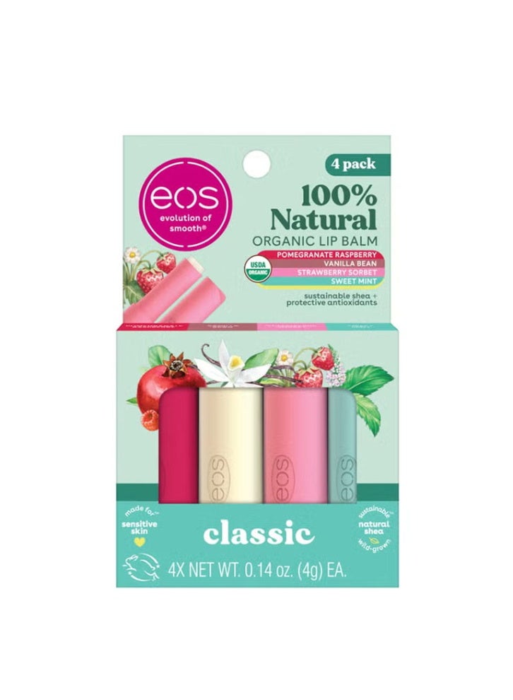 إي أو اس eos 100 مرطب الشفاه العضوي الطبيعي، الفراولة، شربات، الفانيليا، الفول، النعناع الحلو، الرمان، التوت، منتجات العناية بالشفاه، 014 أونصة، 4 عبوات