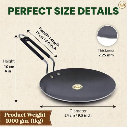 RBY Pure Iron Tawa Lohe Ka Tava for Roti Chapati with Steel Wire Handle Unique Smooth Edge Gas & Induction Friendly – 9.5 Inch - Image 2