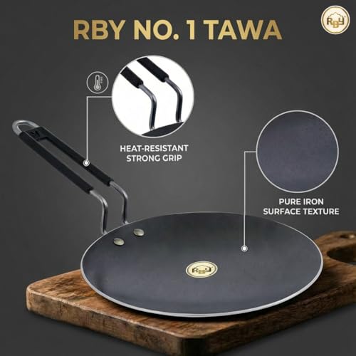 RBY Pure Iron Tawa Lohe Ka Tava for Roti Chapati with Steel Wire Handle Unique Smooth Edge Gas & Induction Friendly – 9.5 Inch - Image 4
