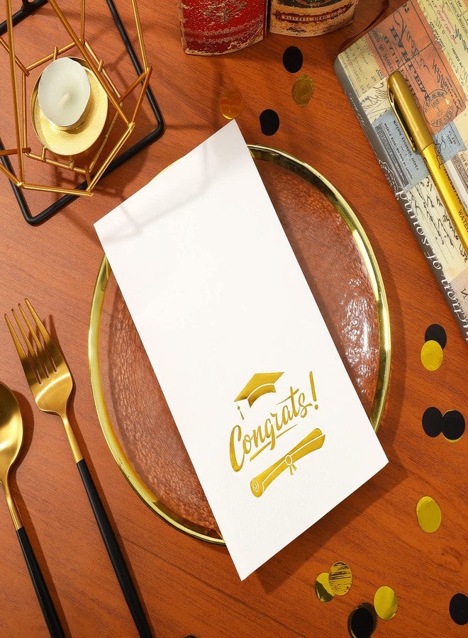 Whaline Graduation Guest Napkins Gold Foil Congrats 3 Ply Disposable Paper Pack White Congrats Grad Dinner Hand Napkin Towel for Graduation Grad Party Supplies Birthday Table Decorations, 80Pcs - Image 4