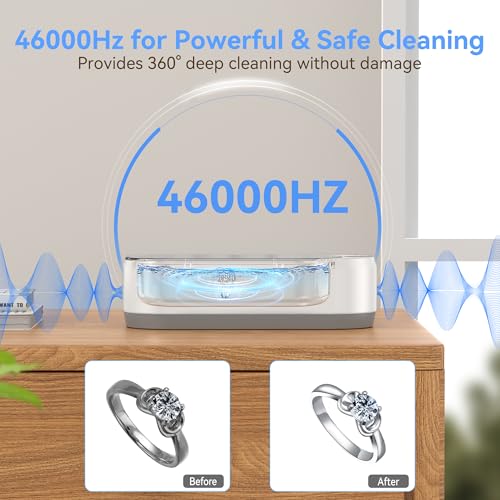 KUNPHY Jewelry Cleaner, 46KHZ, 12OZ Capacity, Ultrasonic Jewelry Cleaner with 50ml Solution, One-Touch Operation, Professional Ultrasonic Cleaner Idea for Silver, Gold Jewelry, Glasses, Rings, Diamond - Image 3