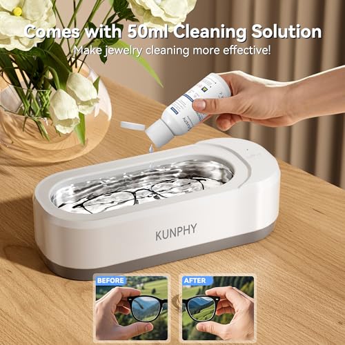 KUNPHY Jewelry Cleaner, 46KHZ, 12OZ Capacity, Ultrasonic Jewelry Cleaner with 50ml Solution, One-Touch Operation, Professional Ultrasonic Cleaner Idea for Silver, Gold Jewelry, Glasses, Rings, Diamond - Image 2