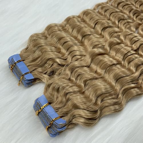 Yotty Tape in Human Hair Extensions Curly Seamless Skin Weft Remy Hair Water Curly Medium Blonde 18 inch 20pieces 40gram per Pack - Image 1