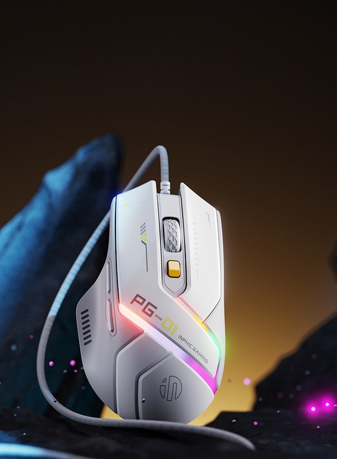 INPHIC PG1 Wired Computer Mouse Ergonomic, 12800 DPI High-Precision, 6 Programmable Buttons, RGB Backlit for Gaming - White Gray - Image 2