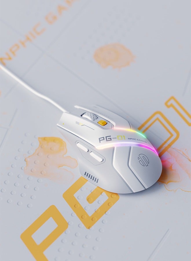 INPHIC PG1 Wired Computer Mouse Ergonomic, 12800 DPI High-Precision, 6 Programmable Buttons, RGB Backlit for Gaming - White Gray - Image 4