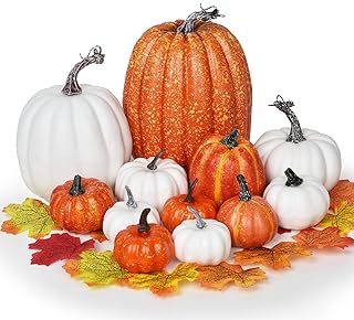 DearHouse DearHouse 12Pcs Thanksgiving Artificial Pumpkins Home Decoration Set and 50pcs Maple Leaves, Artificial Vegetables for  - Image 1