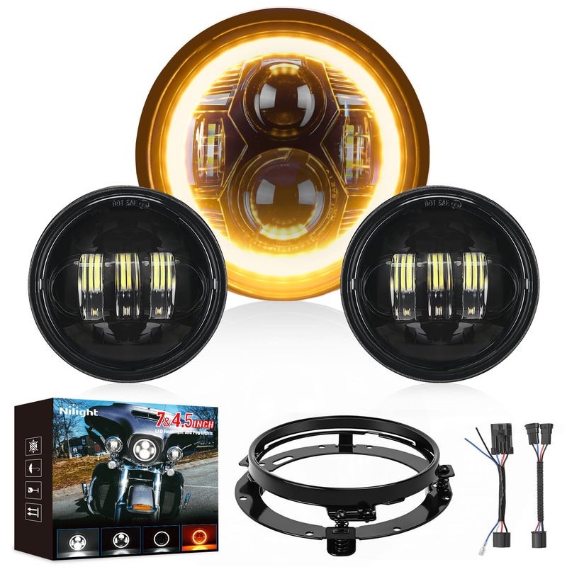 Nilight 7 Inch Motorcycle LED Headlight 45 Fog Lights Halo Turn Signal DOT Compatible with Harley Davidson Electra Street Glide Fat Boy Road King Heritage Softail CVO Black - Image 2