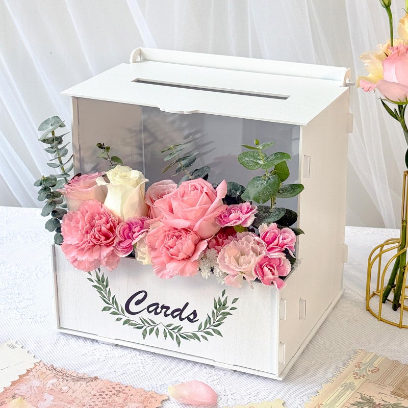 OurWarm Wooden Wedding Card Box with Acrylic Board Flower Trough White Gift Card Box for Wedding Envelope Boxes for Gifts Bridal Shower Decorations Party Reception Anniversary Baby Shower - Image 2