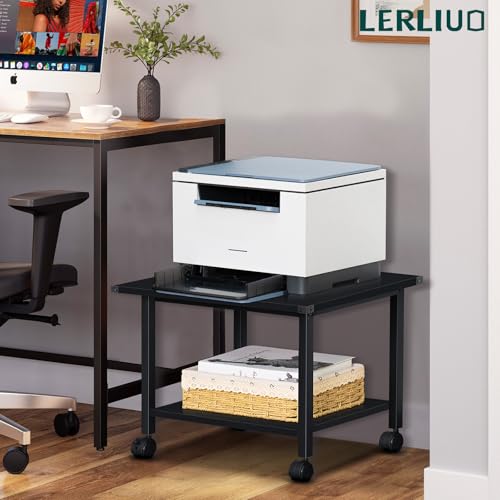 Lerliuo Under Desk Printer Stand, 2-Tier Industrial Mobile Printer Table with Storage Shelf and Steel Frame, Rolling Printer Cart Holder with Lockable Wheels for Home, Office (Black) - Image 5