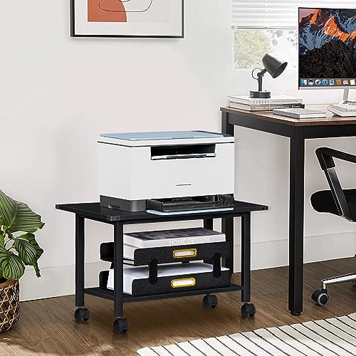 Lerliuo Under Desk Printer Stand, 2-Tier Industrial Mobile Printer Table with Storage Shelf and Steel Frame, Rolling Printer Cart Holder with Lockable Wheels for Home, Office (Black) - Image 2