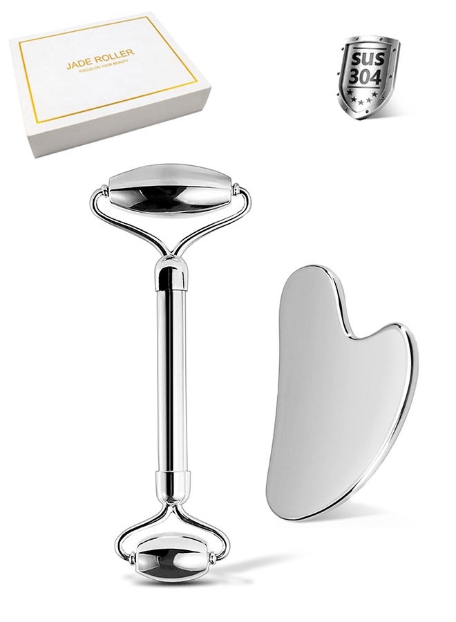 جايد رولر أدوات تدليك الوجه غوا شا من الفولاذ المقاوم للصدأ مكونة من قطعتين، سر الجمال الآسيوي للوجه والعين والأنف والرقبة وعضلات الجسم وترخية العضلات ومنع التجاعيد وأدوات تدليك الوجه - فولاذ مقاوم للصدأ أصلي 100% - Image 1