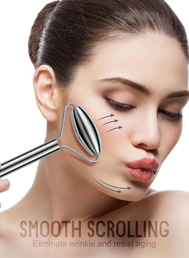 جايد رولر أدوات تدليك الوجه غوا شا من الفولاذ المقاوم للصدأ مكونة من قطعتين، سر الجمال الآسيوي للوجه والعين والأنف والرقبة وعضلات الجسم وترخية العضلات ومنع التجاعيد وأدوات تدليك الوجه - فولاذ مقاوم للصدأ أصلي 100% - Image 2