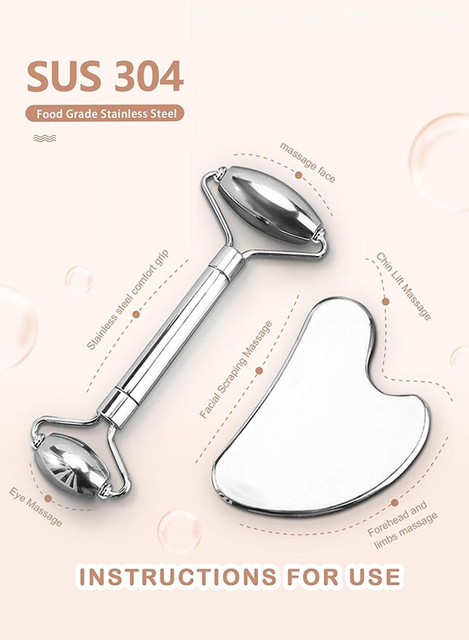 جايد رولر أدوات تدليك الوجه غوا شا من الفولاذ المقاوم للصدأ مكونة من قطعتين، سر الجمال الآسيوي للوجه والعين والأنف والرقبة وعضلات الجسم وترخية العضلات ومنع التجاعيد وأدوات تدليك الوجه - فولاذ مقاوم للصدأ أصلي 100% - Image 5