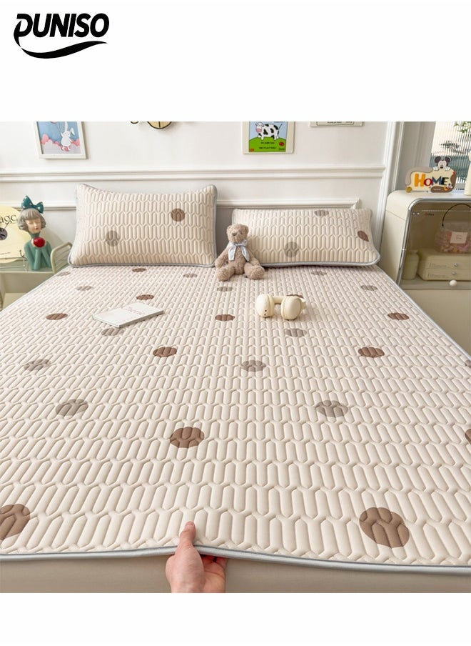 DUNISO 3-Piece of Ice Silk Cooling Bedding Set,Extreme Heat Cooling Bedding Set,Anti-Slip Latex Cool Silk Bed Cover with 2 Pillowcases,Latex Mattress Pad for Summer Heat,Breathable Sheets,Night Sweat Relief,Printed with Circular Pattern，150*200CM  - Image 1