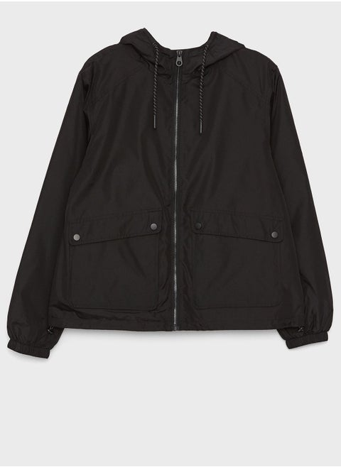Pocket Drawstring Detail Hooded Raincoat