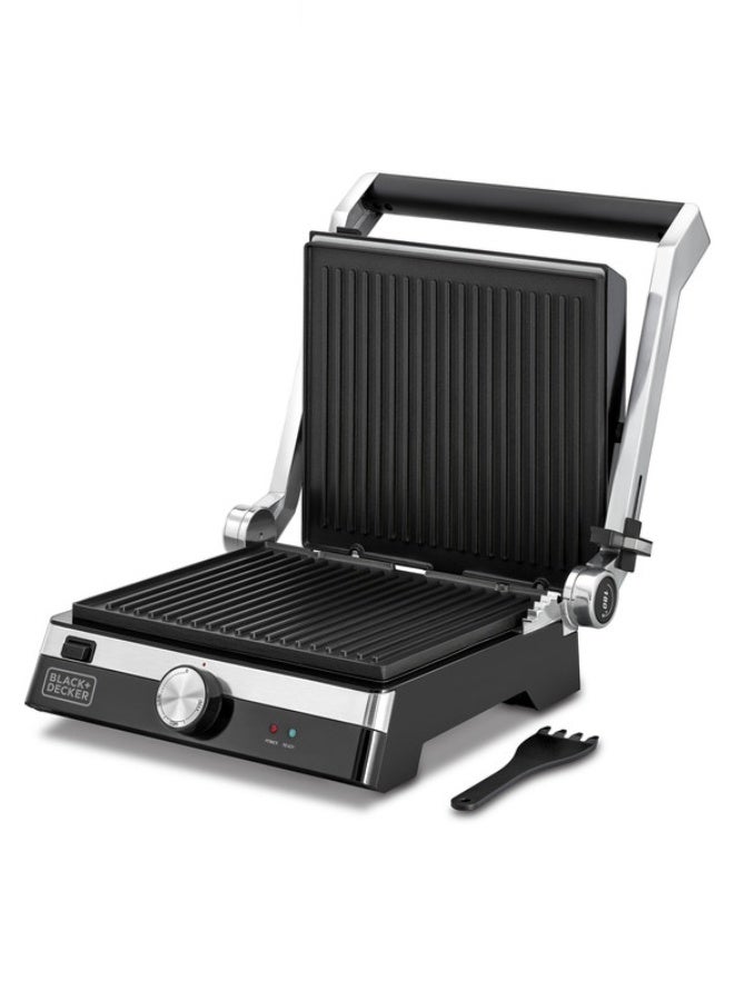 BLACK+DECKER Family Health Grill with 180° Hinge, 1500cm² BBQ Area, 5-Level Height Adjustment, Variable Temperature Control, Removable Drip Tray, Cool-Touch Handle, 2000 W CG2000-B5 Black/Silver - Image 4