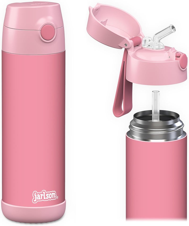 Jarlson® Kids Water Bottle CHARLI [18OZ] - Stainless Steel Thermo Bottle with Straw - Insulated, Spill Proof Waterbottle for School & Sports - Thermo Tumbler for Boys & Girls (Pink) - Image 1