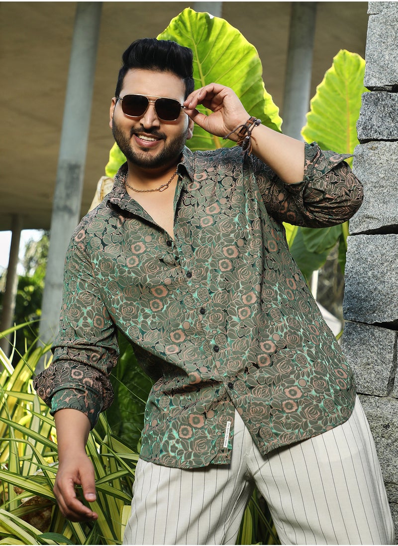 Instafab Plus Instafab Plus Men's Forest Green Electric-Roses Shirt For Casual Wear | Spread Collar | Long Cuffed Sleeves | Button Closure | Plus Size Shirt Crafted With Comfort Fit For Everyday Wear  - Image 1