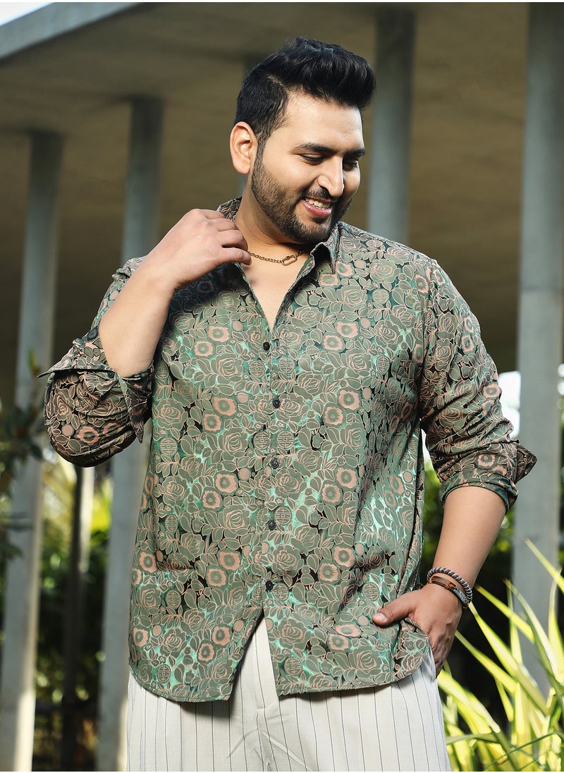 Instafab Plus Instafab Plus Men's Forest Green Electric-Roses Shirt For Casual Wear | Spread Collar | Long Cuffed Sleeves | Button Closure | Plus Size Shirt Crafted With Comfort Fit For Everyday Wear  - Image 3