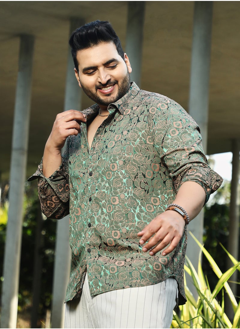 Instafab Plus Instafab Plus Men's Forest Green Electric-Roses Shirt For Casual Wear | Spread Collar | Long Cuffed Sleeves | Button Closure | Plus Size Shirt Crafted With Comfort Fit For Everyday Wear  - Image 2