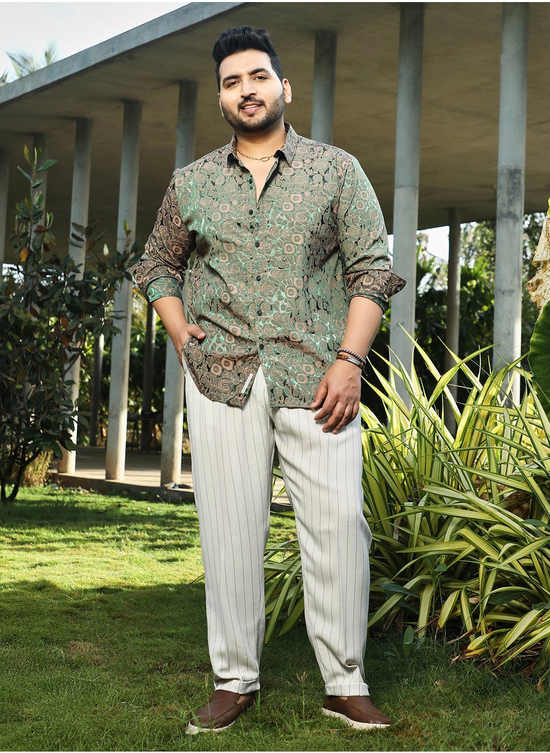 Instafab Plus Instafab Plus Men's Forest Green Electric-Roses Shirt For Casual Wear | Spread Collar | Long Cuffed Sleeves | Button Closure | Plus Size Shirt Crafted With Comfort Fit For Everyday Wear  - Image 5