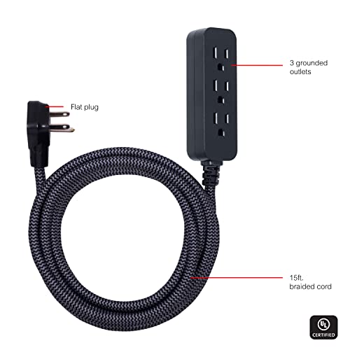 GE شريط الطاقة 3 مآخذ واقي من زيادة التيار بطول 15 قدم كابل مضفر طويل شريط الطاقة قابس مسطح كابل تمديد واقي من زيادة التيار 250 جول مدرج UL أسود 44237 - Image 2