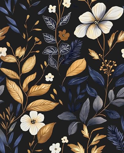 Laatse BlueGold Leaf Wallpaper Peel and Stick Vintage Dark Floral Wallpaper Waterproof Self Adhesive Removable Boho Wall Paper Modern for Bedroom Walls Drawer Cabinet 175in x393in - Image 1