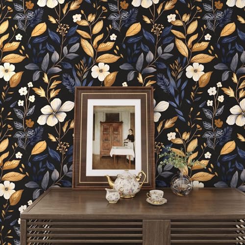 Laatse BlueGold Leaf Wallpaper Peel and Stick Vintage Dark Floral Wallpaper Waterproof Self Adhesive Removable Boho Wall Paper Modern for Bedroom Walls Drawer Cabinet 175in x393in - Image 3