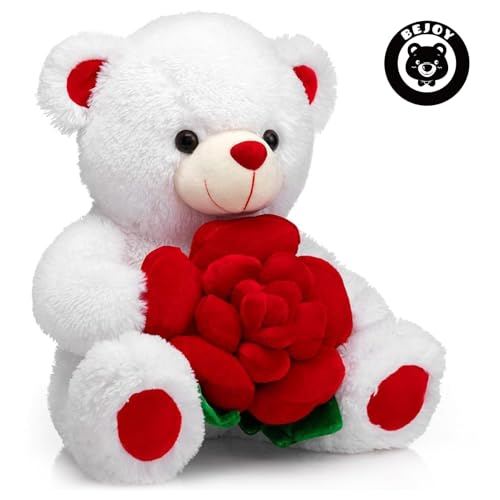 BEJOY Teddy Bear Stuffed Animals Plush Bear Holding Rose Soft Plush Toy Gifts 16 inches White - Image 3