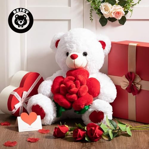 BEJOY Teddy Bear Stuffed Animals Plush Bear Holding Rose Soft Plush Toy Gifts 16 inches White - Image 2