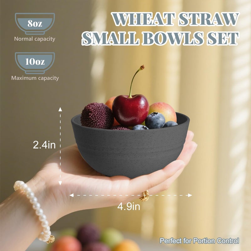 Homienly Wheat Straw Small Bowls, Dessert Bowls for Kitchen, Camping, Party, Unbreakable Mini Bowl Set of 8, 10 OZ Microwave and Dishwasher Safe Appetizer Bowl,Yogurt Bowls Set (Dark Grey) - Image 2