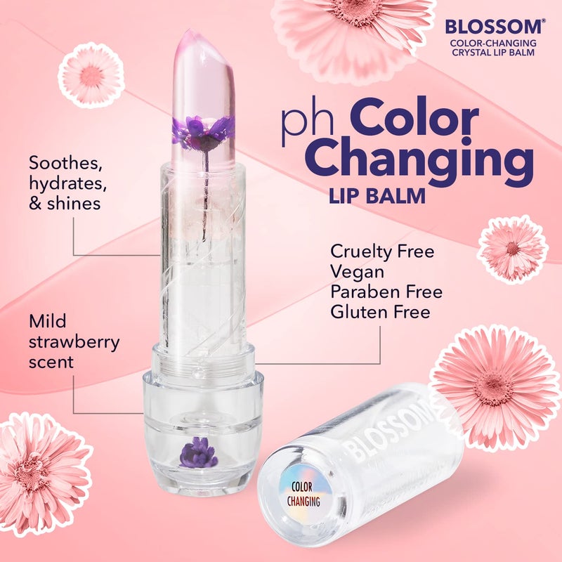 Blossom Lip Gloss Moisturizing pH Lip Balm, Strawberry Scented Color Changing Crystal Lip Stain Tint, Infused with Real Flowers, 3g, Purple - Image 4