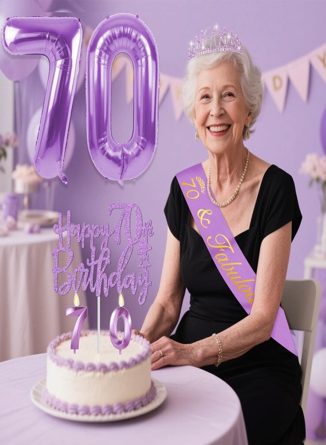 YeohJoy 70th Birthday Decorations for Women Purple with 70th Birthday Sash and Crown, Cake Topper and Candles, Number Balloons, 70 Year Old Gifts for Women - Image 2