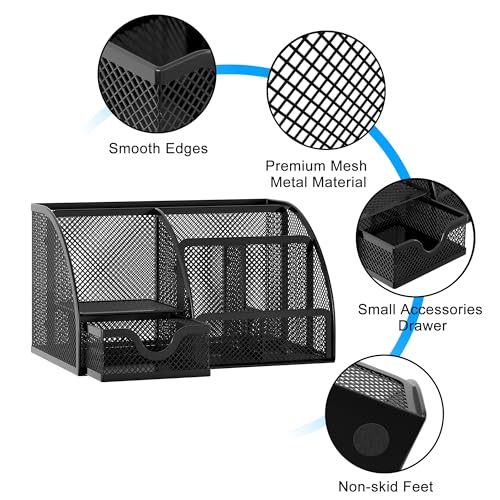 EasyPAG Mesh Desk Organizer with Drawer Multi-functional Pen Holder Stationery Organizer for Office School Supplies 6 Compartments Dorm Organizers and Storage for Desk, Black - Image 3