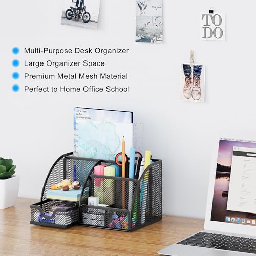 EasyPAG Mesh Desk Organizer with Drawer Multi-functional Pen Holder Stationery Organizer for Office School Supplies 6 Compartments Dorm Organizers and Storage for Desk, Black - Image 2